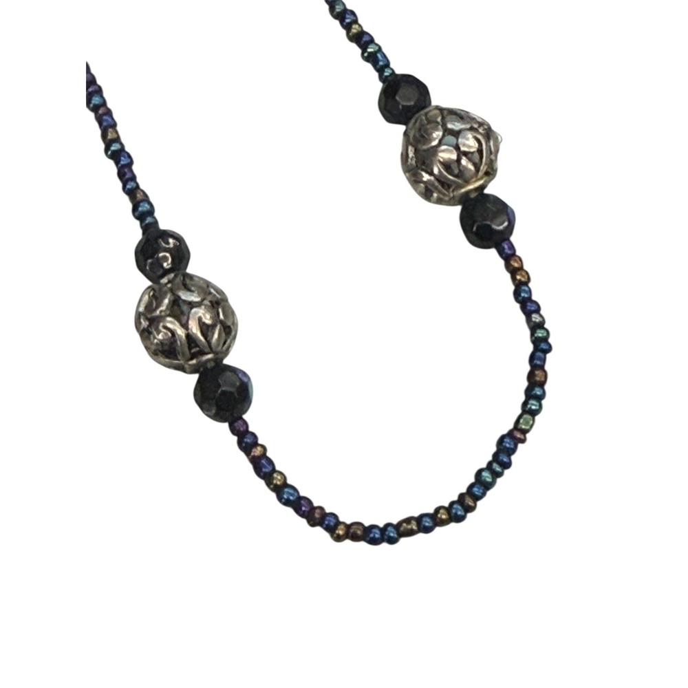 Women's Eyeglass Fashion Chain Badge Holder for IDs and Cards, blk, silver beads - Picture 3 of 4